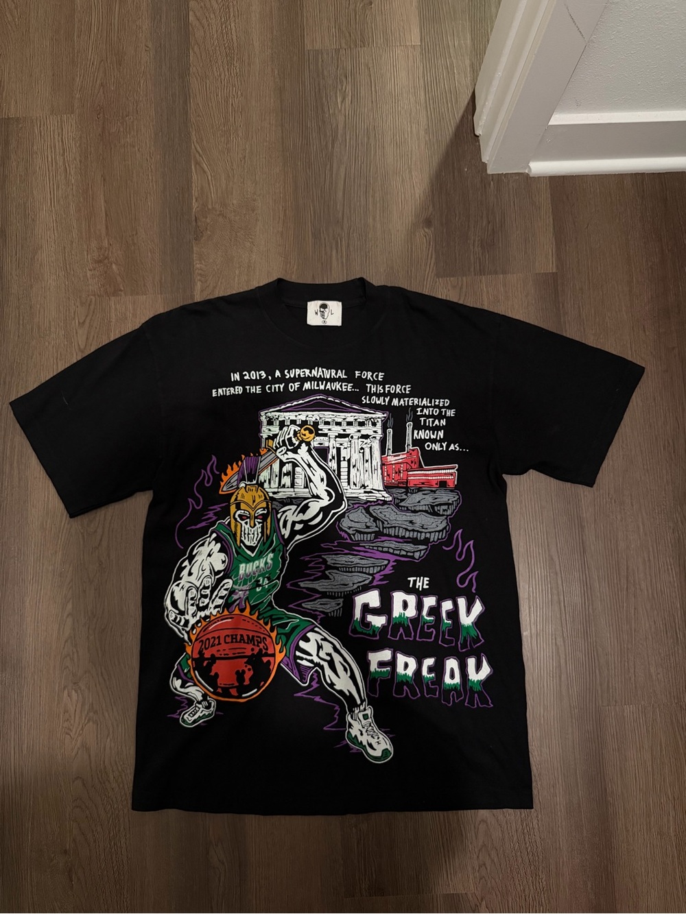 Warren Lotas Men's Black Greek Freak Graphic Print Logo Short Sleeve Tee - Sz M